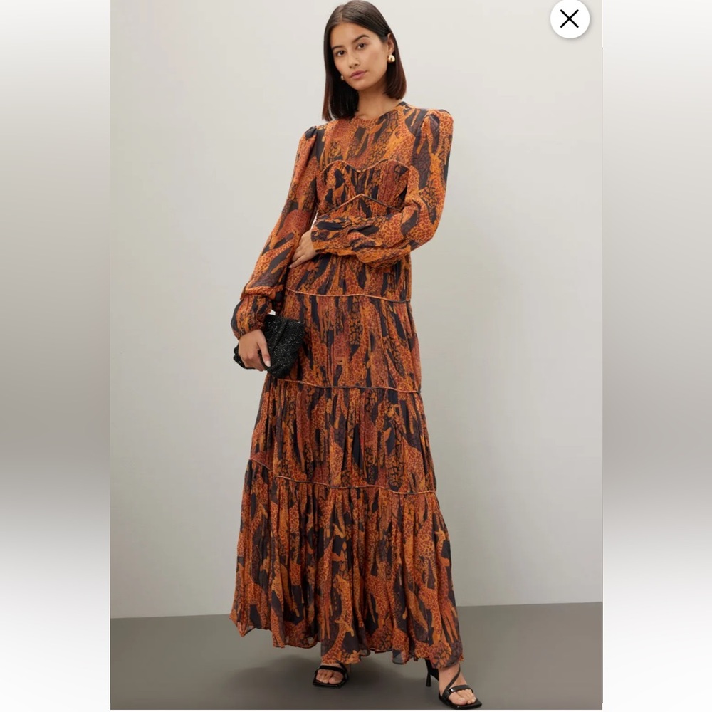 FARM Rio Giraffes Puff Sleeve Maxi Dress In Copper & Black Size Small